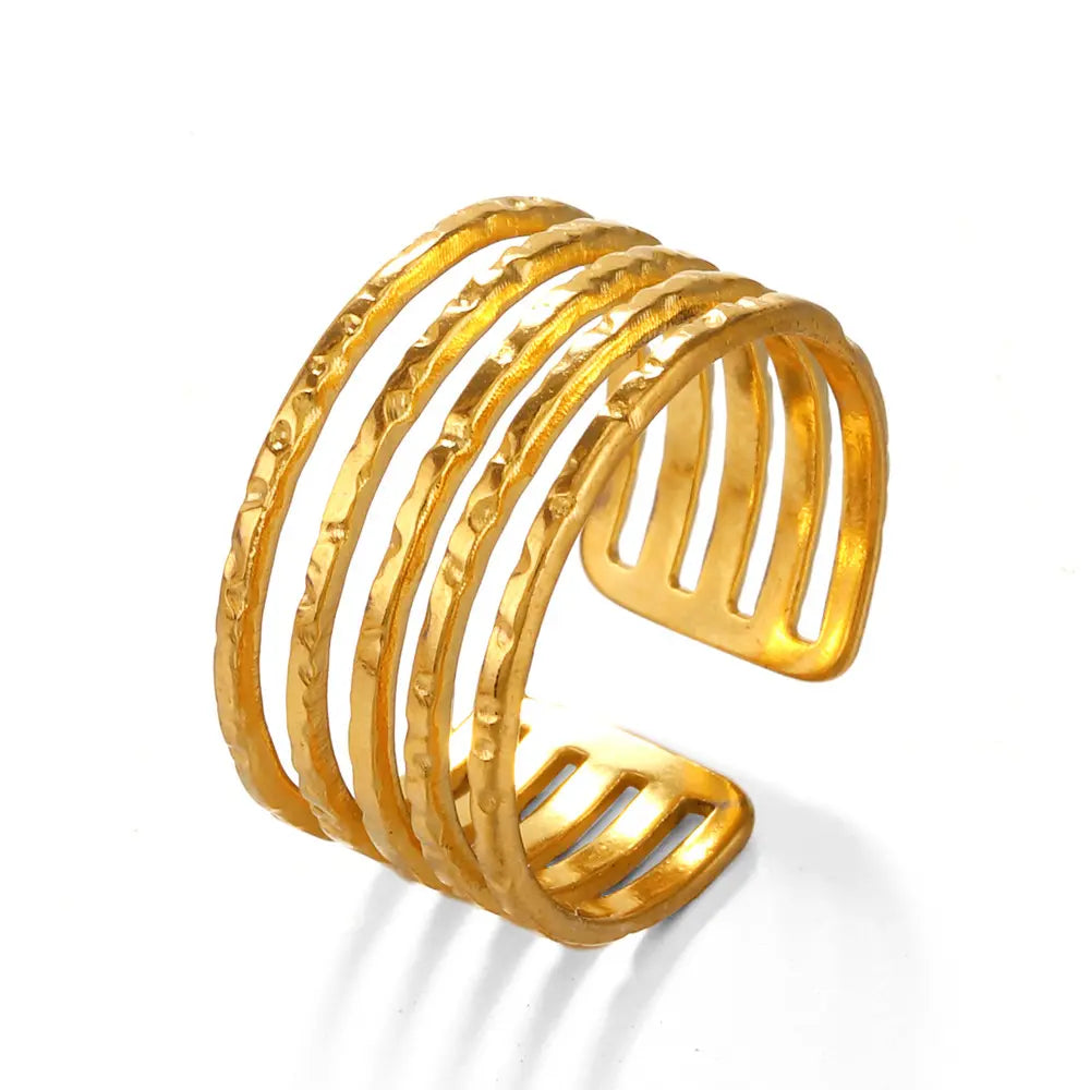 Anti Tarnish Stainless Steel Multi Layered Line Open Adjustable Ring