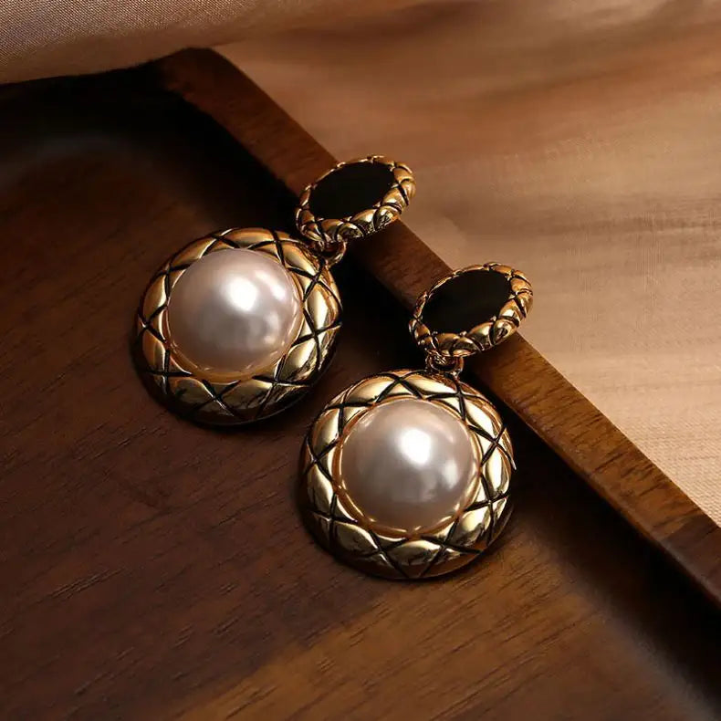 Antique Gold Pearl Drop Earrings For Women