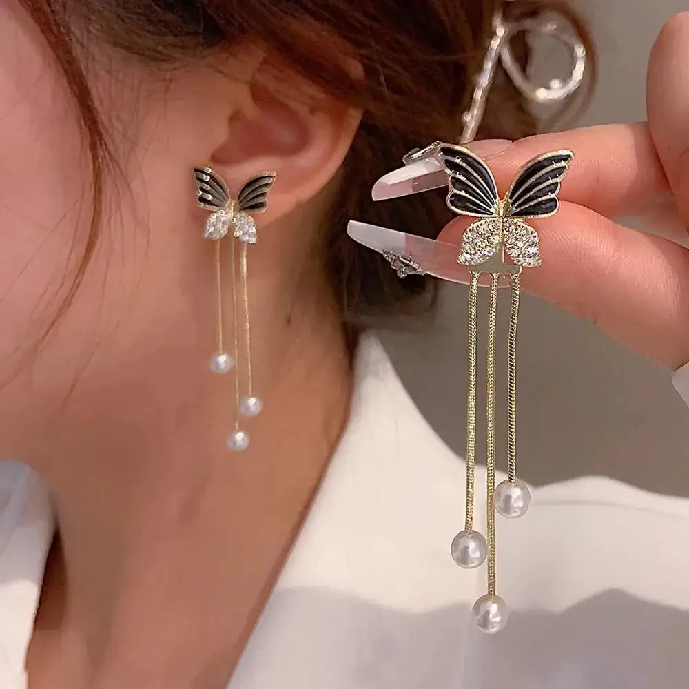 Black Butterfly Long Tassel Pearl Earring