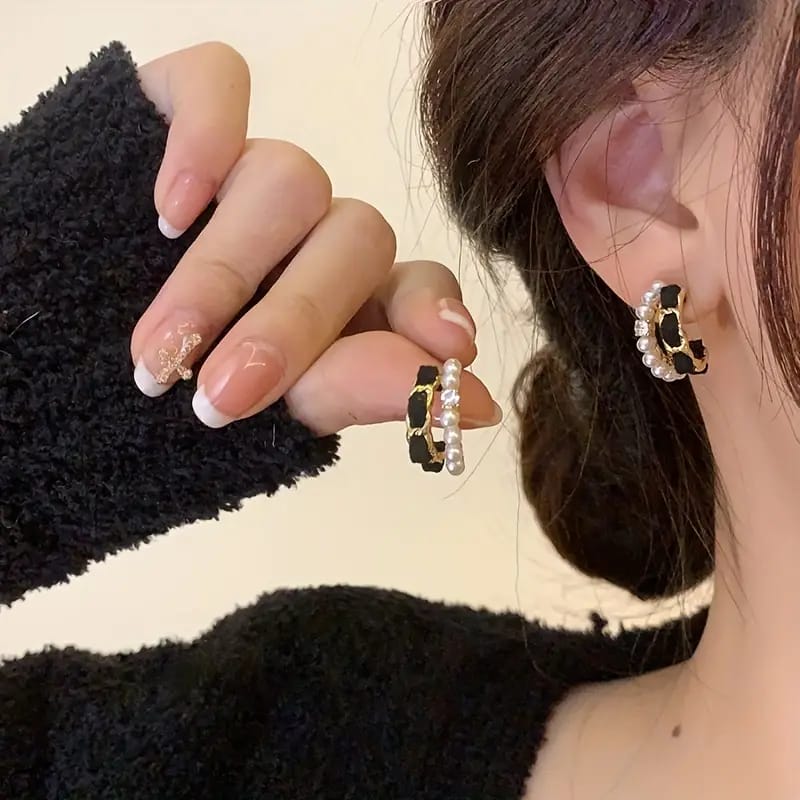 Black and White Pearl Hoop Gold Plated Earring For Women