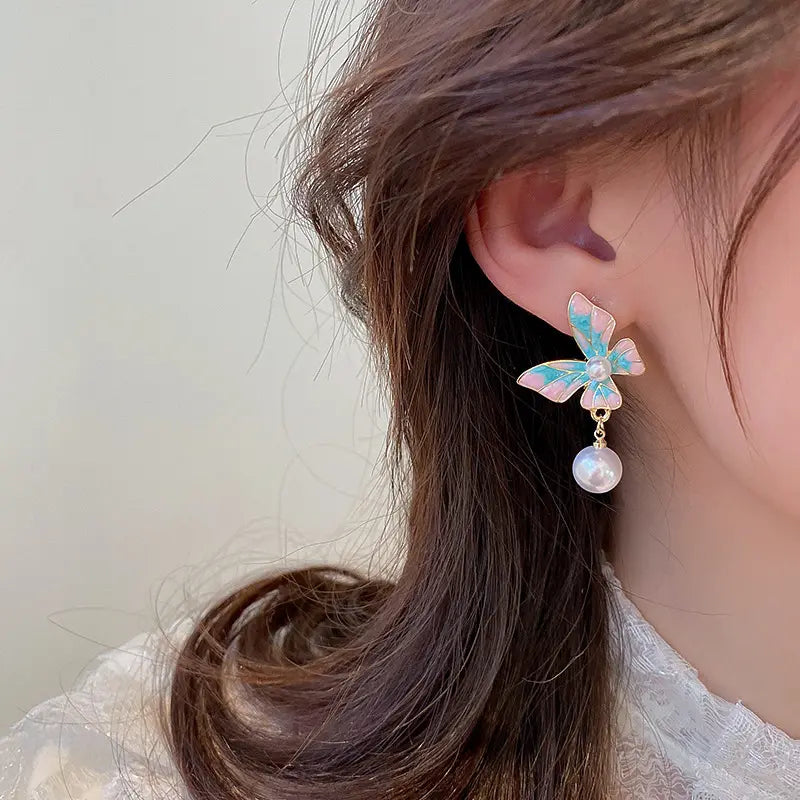 Blue Enamel Butterfly Earrings Pearl Drop Earring