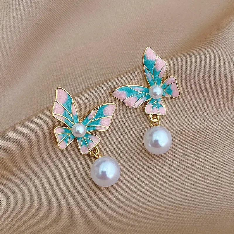 Blue Enamel Butterfly Earrings Pearl Drop Earring