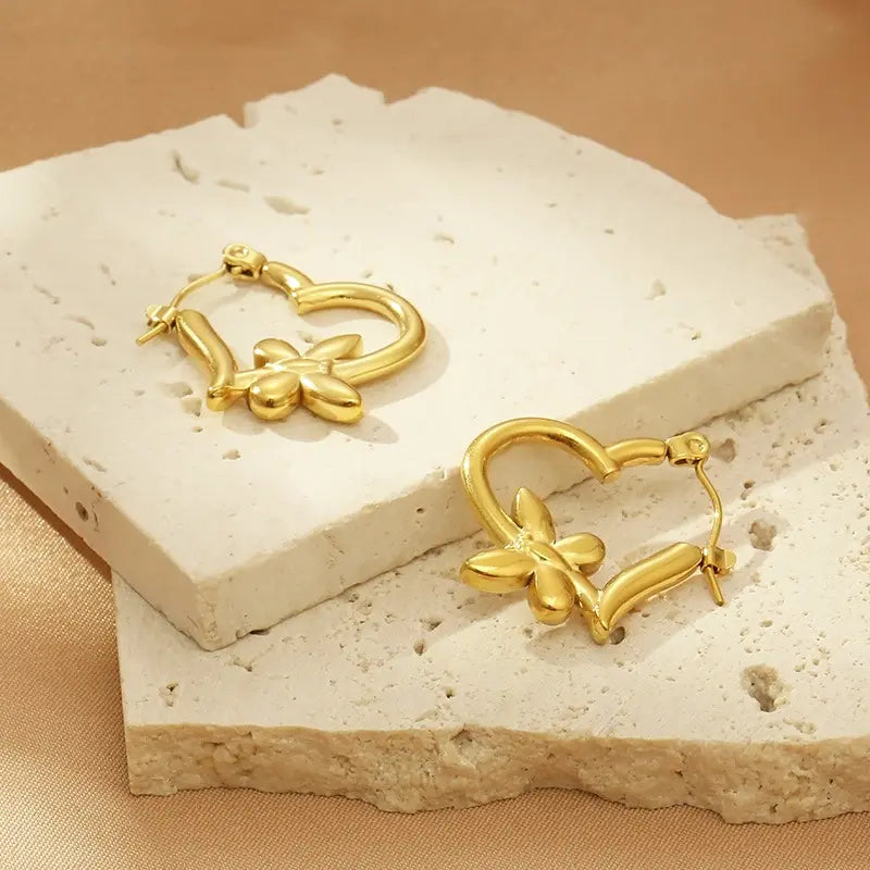Anti-Tarnish Stainless Steel Heart Shaped Butterfly Initial Hoop Earrings – 18K Gold Plated