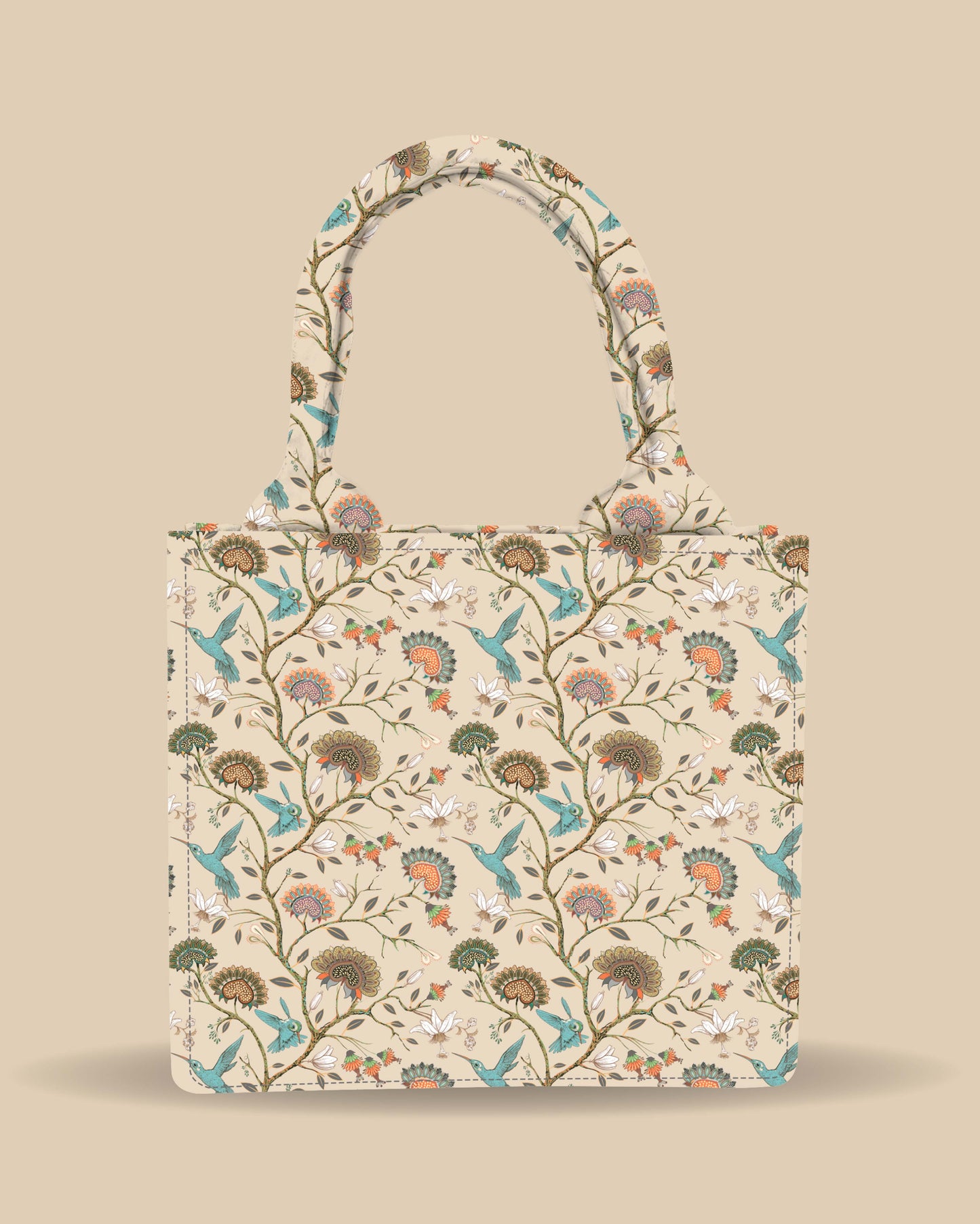 Customized Small Tote Bag Designed with Humming Birds And Vintage Flower Plant