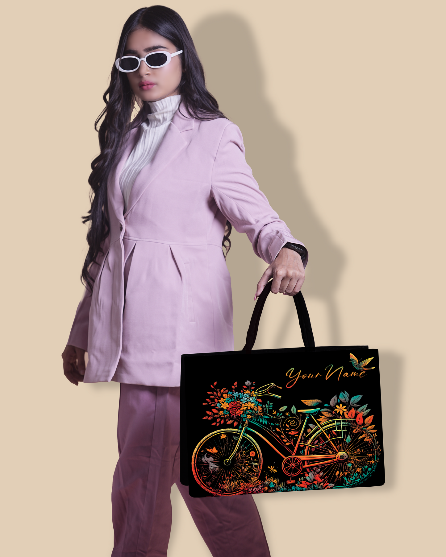 Customized Tote Bag Designed With Growing Nature On Colourfull Bicycle