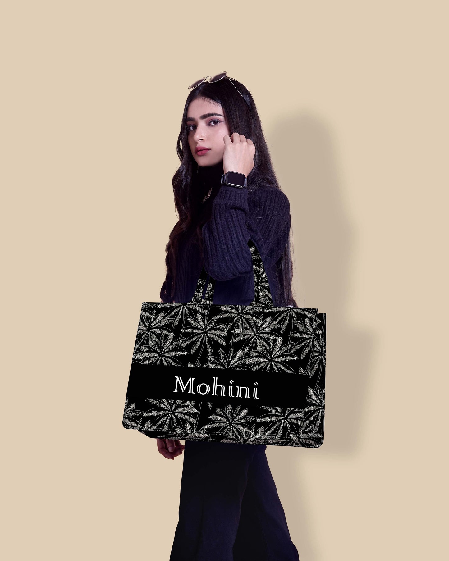 Customized Tote Bag Designed With Hand Drawn White Outline Palm Trees Pattern