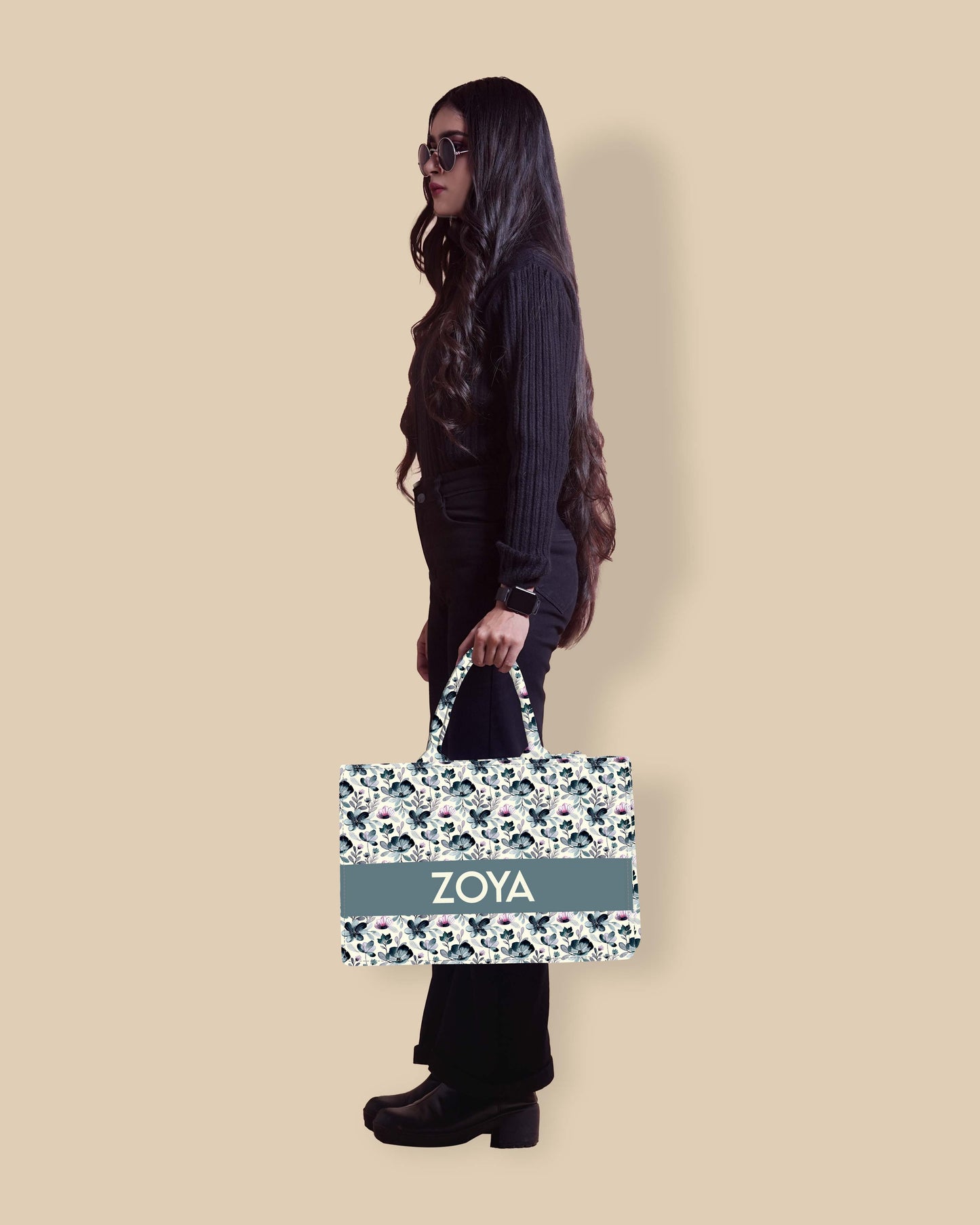 Customized Tote Bag  Designed With Indigo Watercolor Floral Pattern