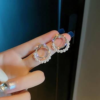 Double Circle Diamond Rhinestone Pearl Earrings