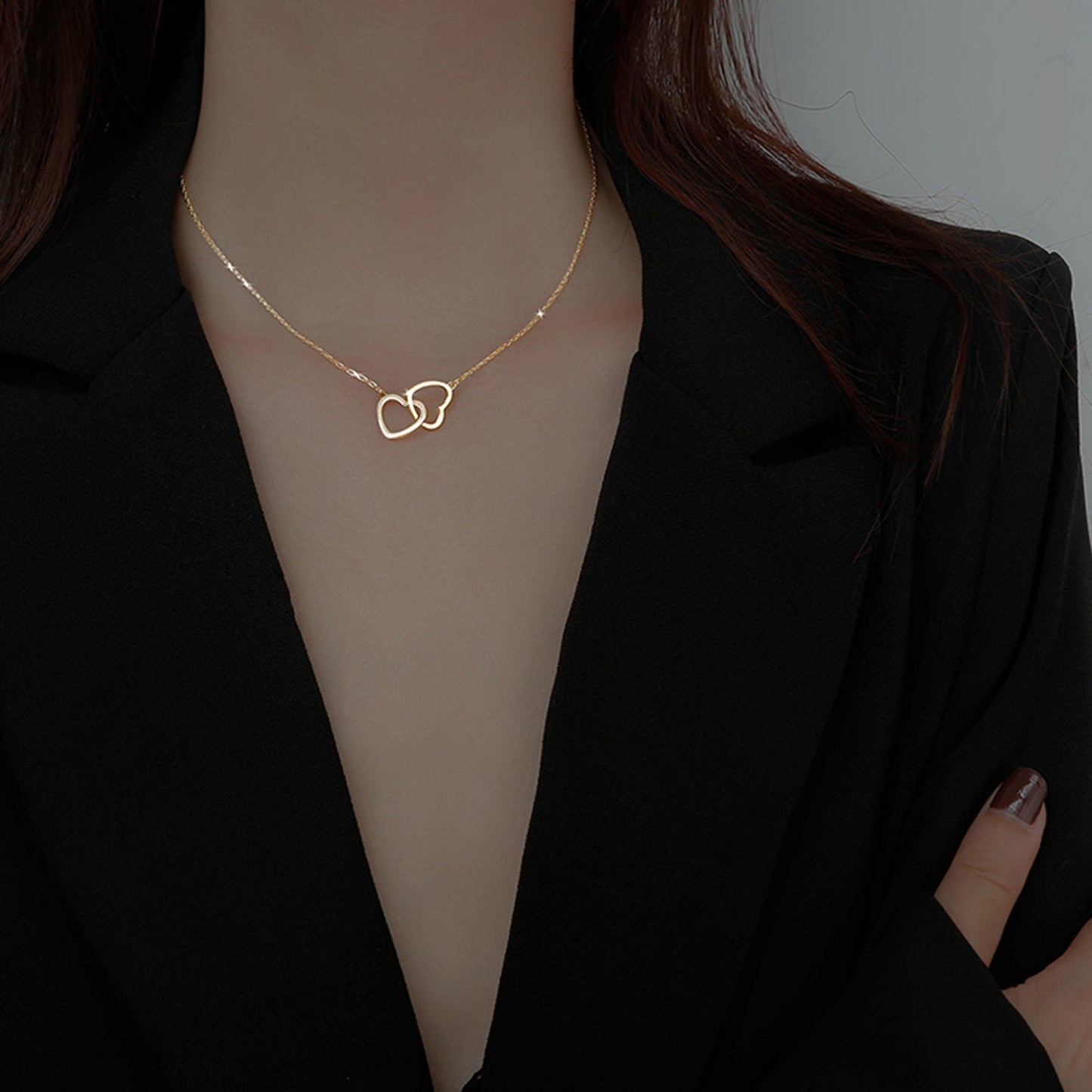 Double Love Heart Pendant 18K Gold Plated Stainless Steel Anti-Tarnish Necklace