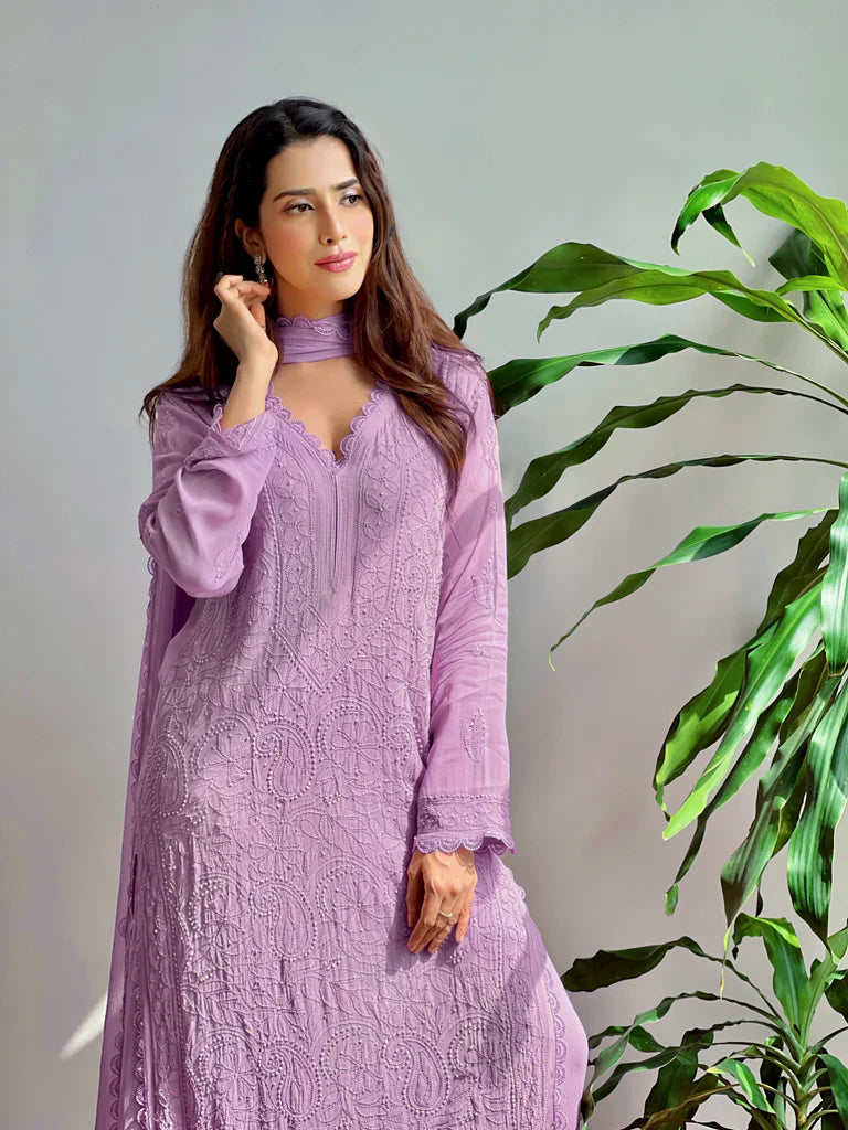 New Viscose Georgette Chikankari Kurta With Palazzo And Dupatta (Purple)