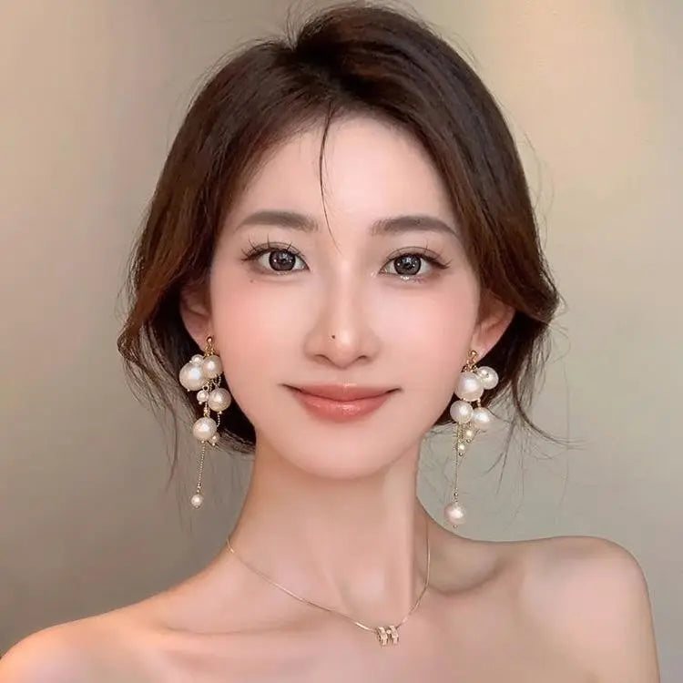 Elegant French Romantic Pearl Drop Earrings for Women New Pearl Long Tassel Earrings