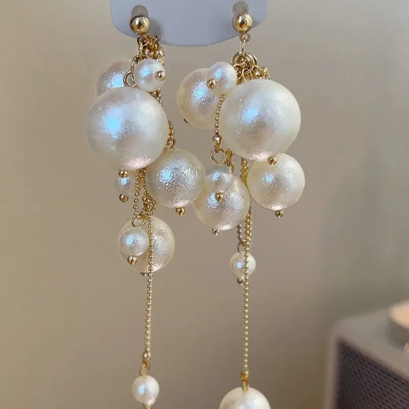 Elegant French Romantic Pearl Drop Earrings for Women New Pearl Long Tassel Earrings