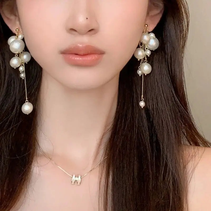 Elegant French Romantic Pearl Drop Earrings for Women New Pearl Long Tassel Earrings