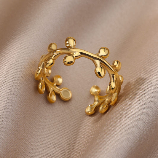 Leaf Style 18K Gold Plated Adjustable Anti-Tarnish Stainless Steel Ring