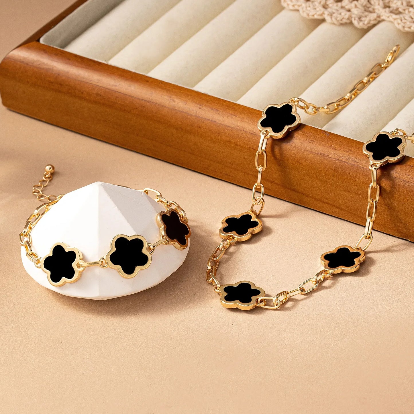 Flower Style Gold Plated Black Necklace and Bracelet Set For Women
