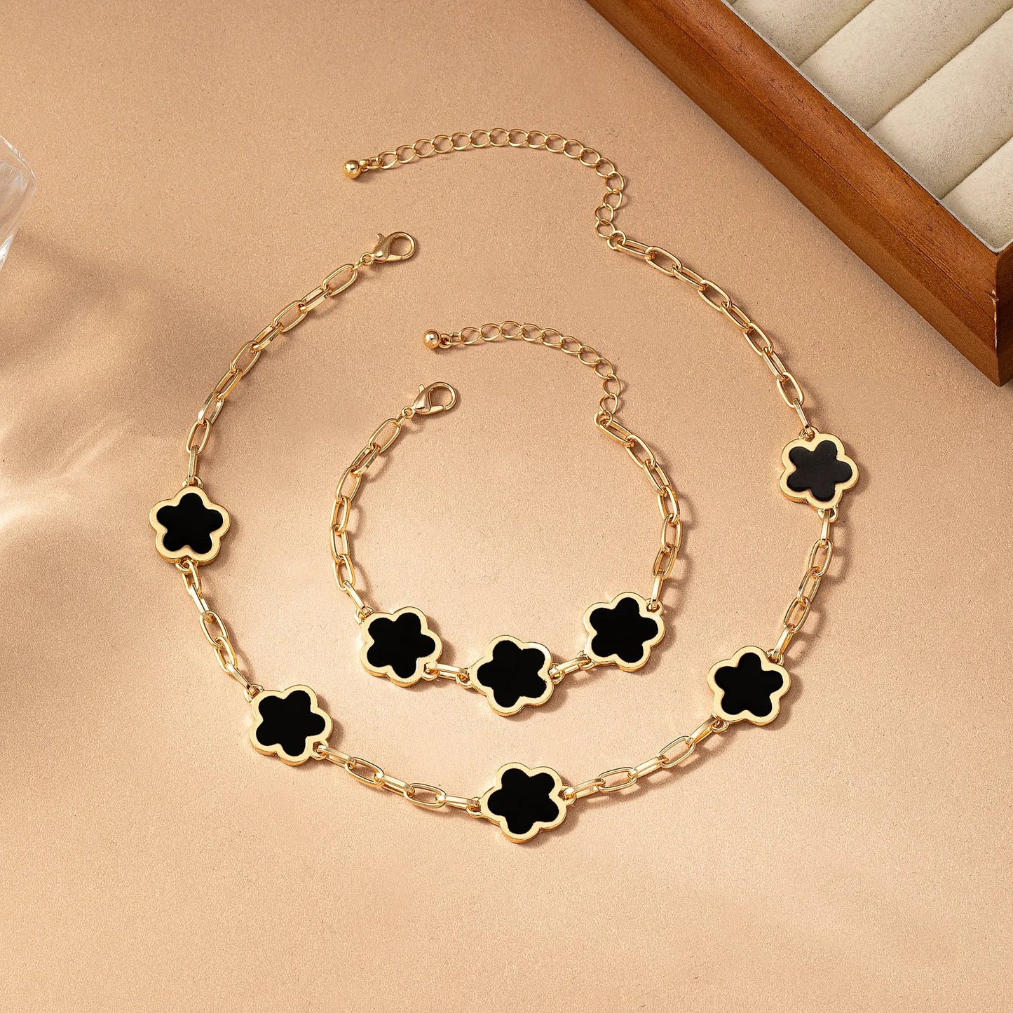 Flower Style Gold Plated Black Necklace and Bracelet Set For Women