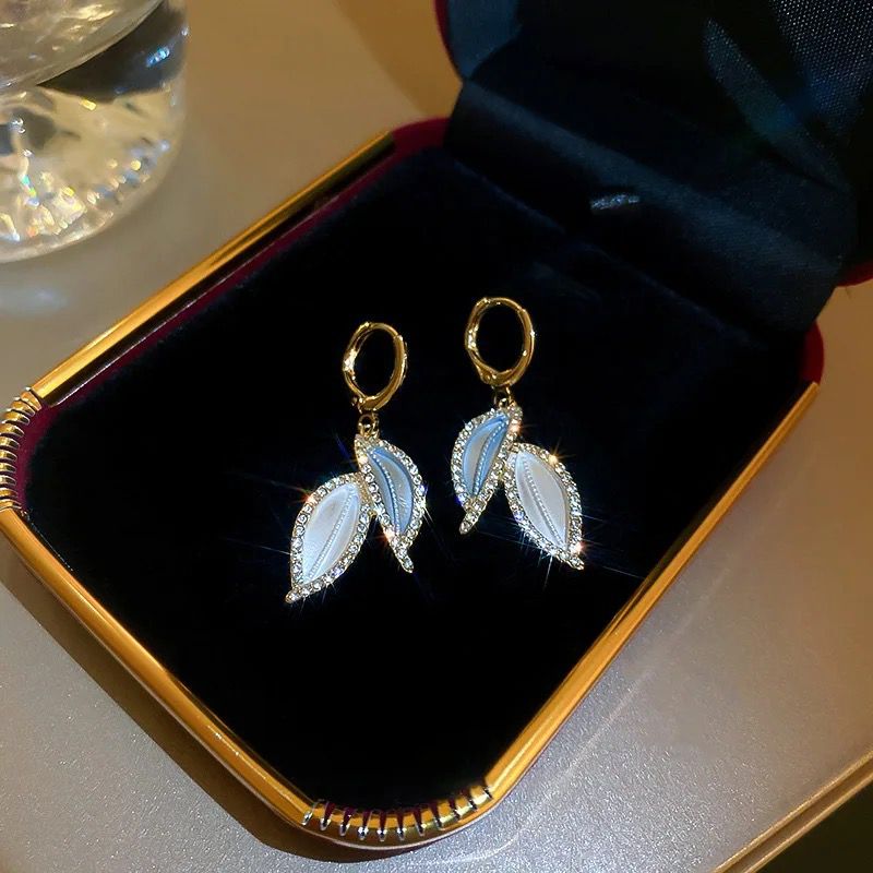 French Classic Rhinestone Shinny Enamel Leaf Dangle Earrings