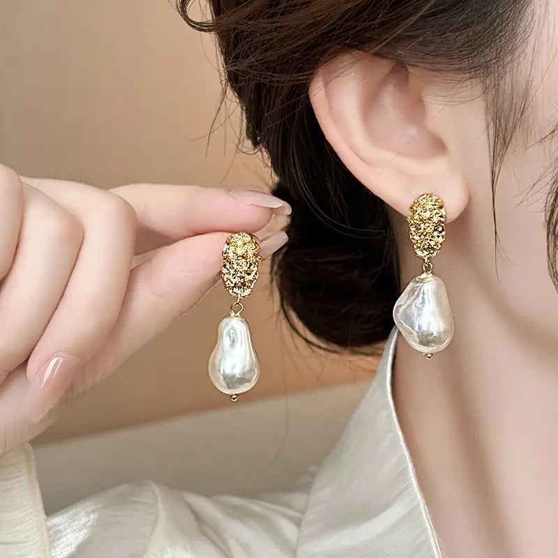 Gold Plated Baroque Shaped Irregular Pearl Drop Earrings