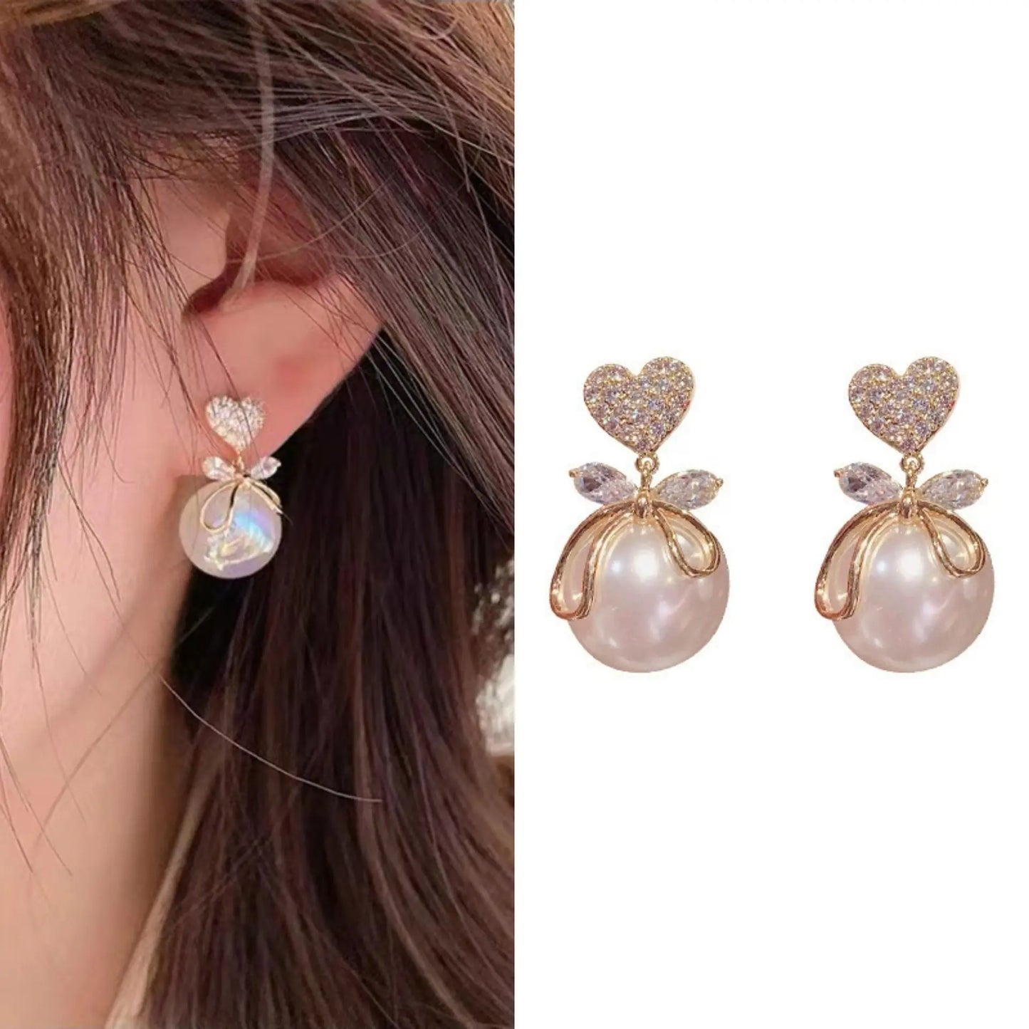 Gold Plated Bow Heart Pearl Dangle Earrings For Women