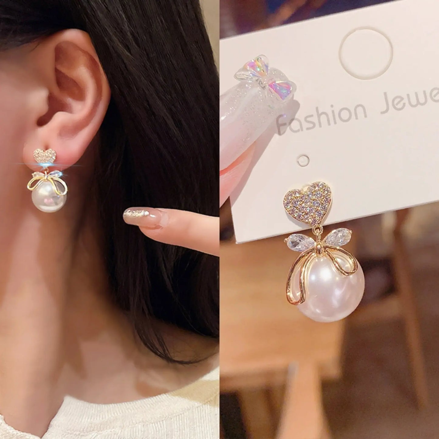 Gold Plated Bow Heart Pearl Dangle Earrings For Women