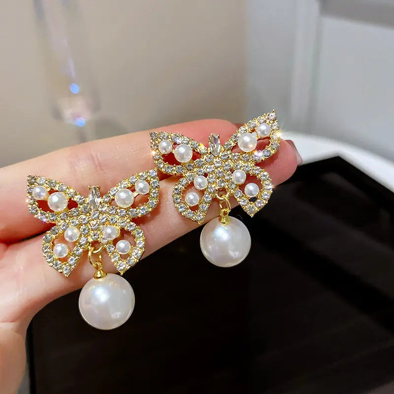 Gold Plated Butterfly Pearl Diamond Rhinestone Stud Earrings