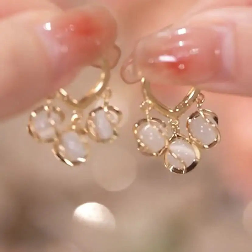 Gold Plated Cat Eye Stone Drop Heart Hoop Earrings For Women