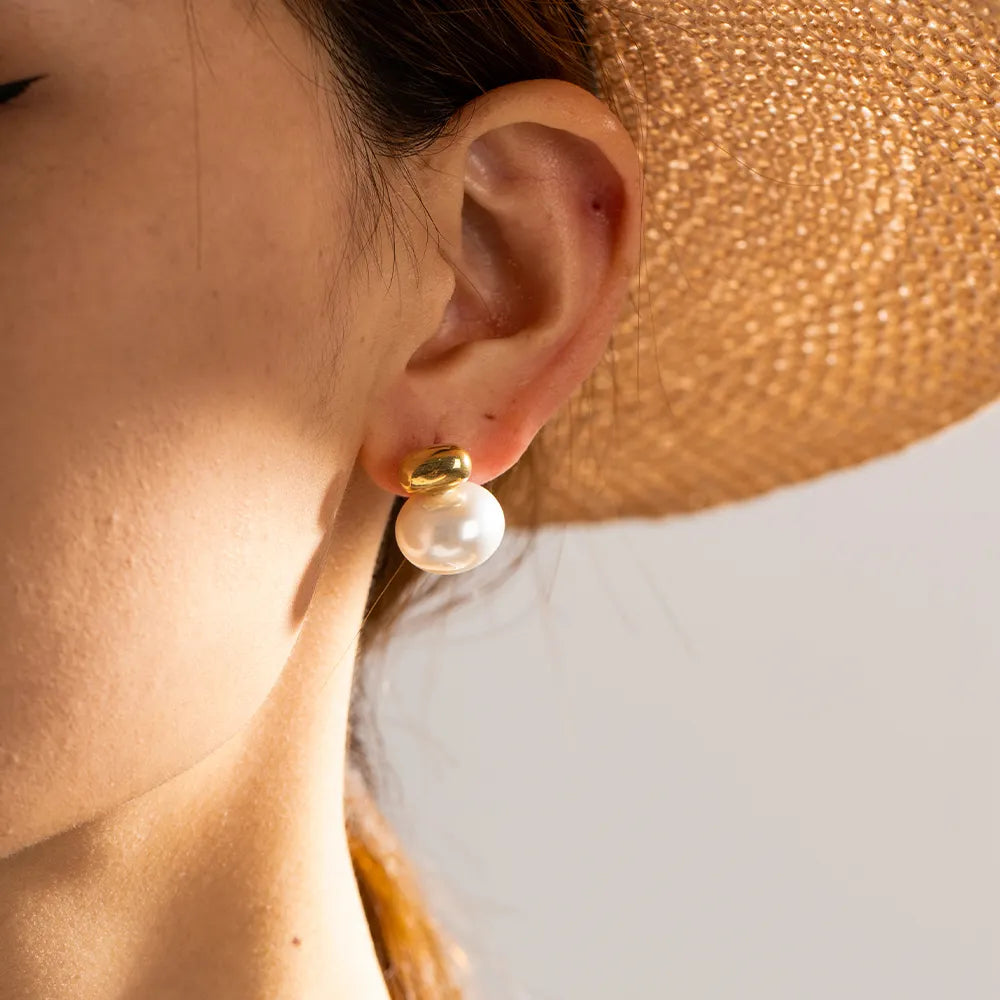 Gold Plated Classic Ball Texture Pearl Stud Earring for Women
