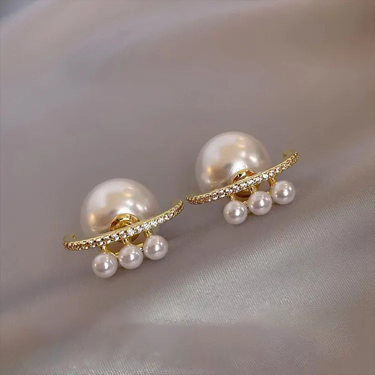 Gold Plated Curved Rhinestone Pearl Stud Earrings for Women