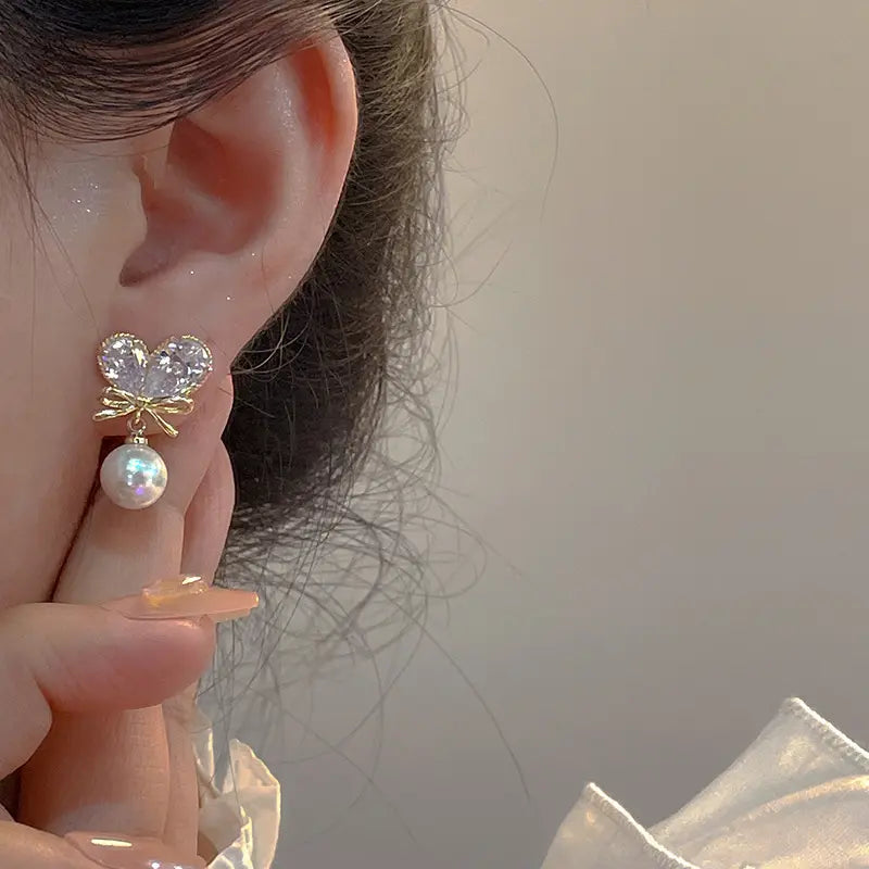 Gold Plated Diamond Love Heart Pearl Drop Stud Earring