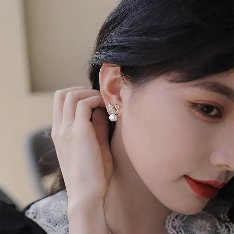 Gold Plated Diamond Swan and Pearl Earrings Stud Earring