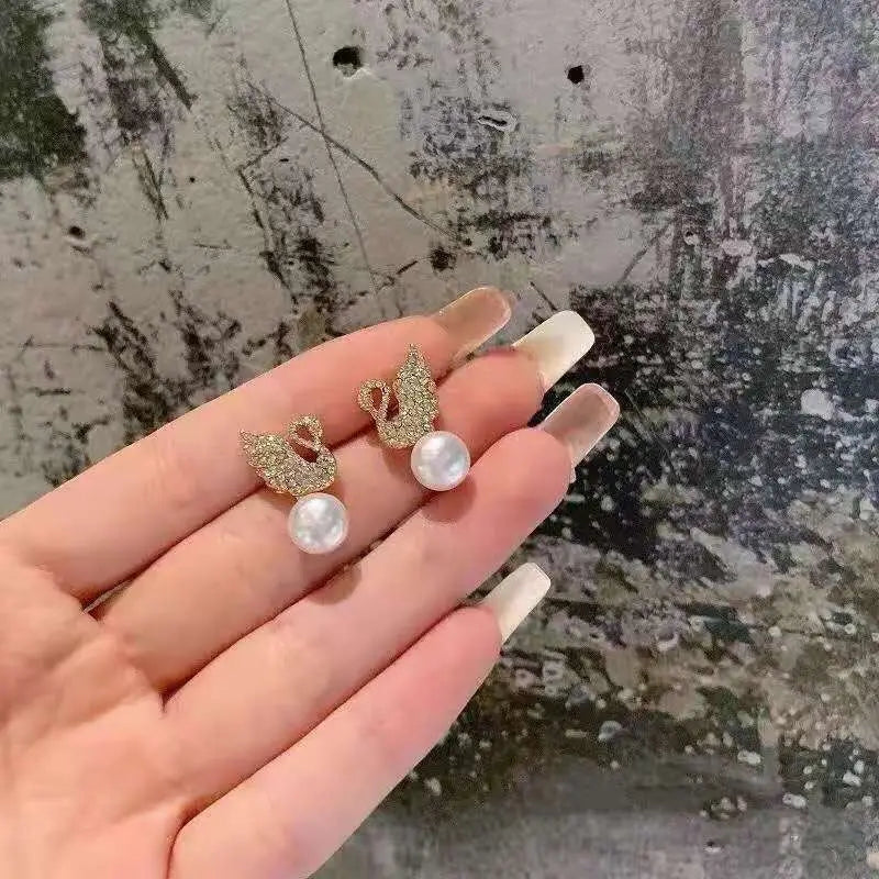 Gold Plated Diamond Swan and Pearl Earrings Stud Earring