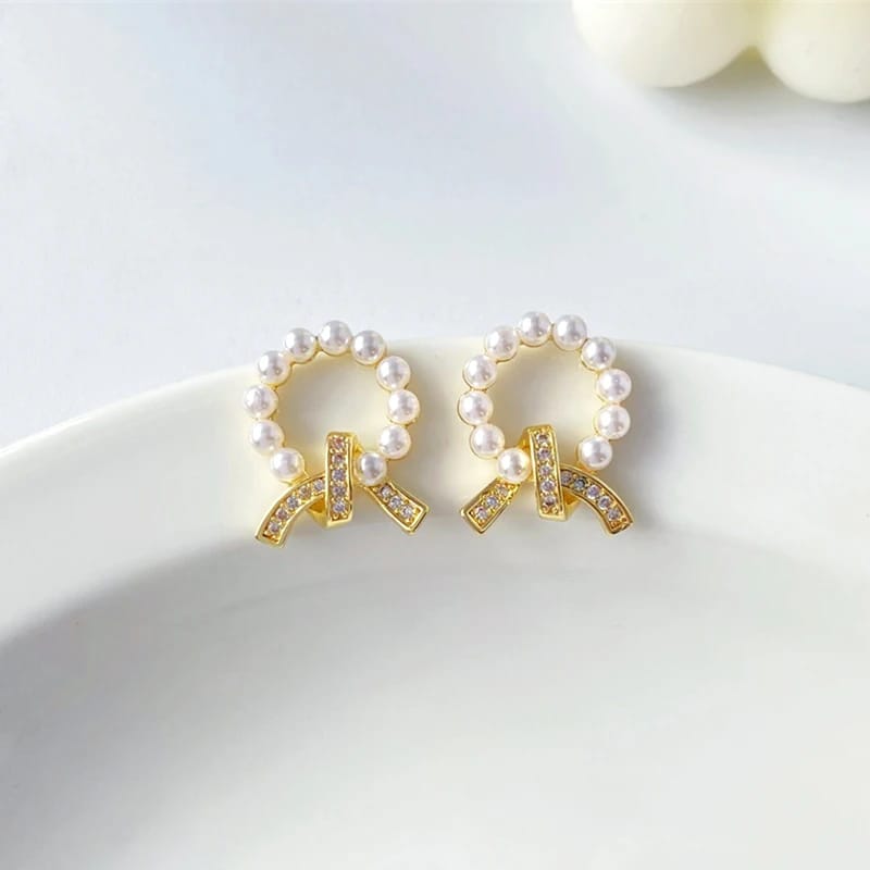 Gold Plated Geometric Pearl Knot Circle Rhinestone Stud Earrings for Women