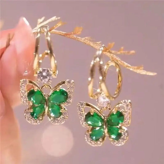 Gold Plated Green Zircon Butterfly Drop Earrings
