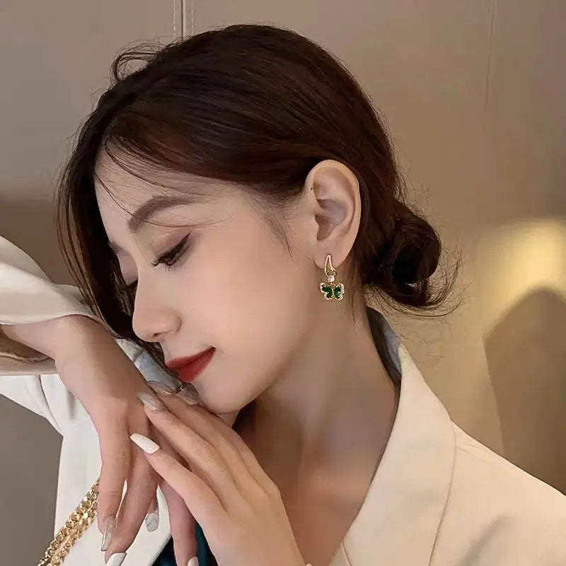 Gold Plated Green Zircon Butterfly Drop Earrings