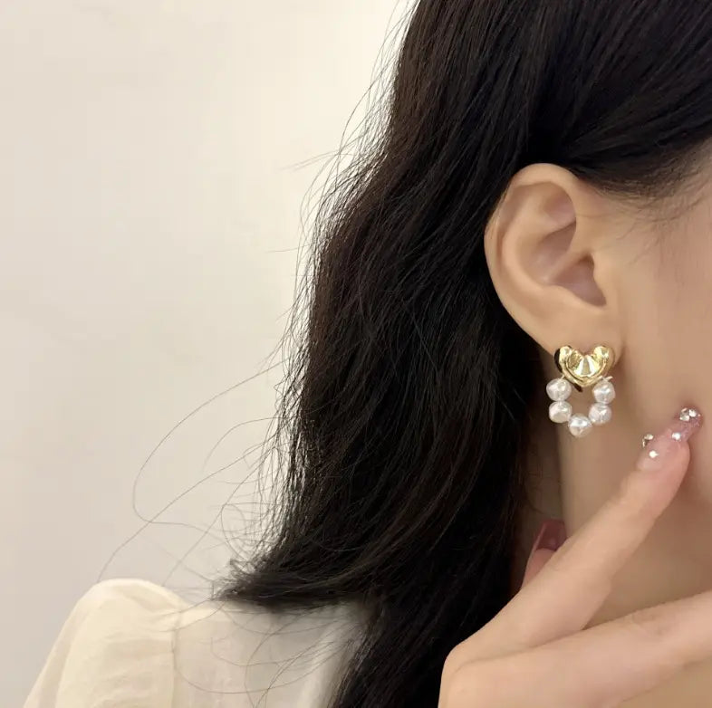 Gold Plated Heart Shaped Pearl Earrings Stud Earring