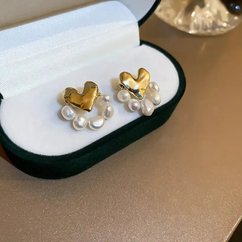 Gold Plated Heart Shaped Pearl Earrings Stud Earring