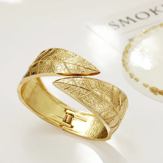 Gold Plated Leaf Style Open Adjustable Bangle