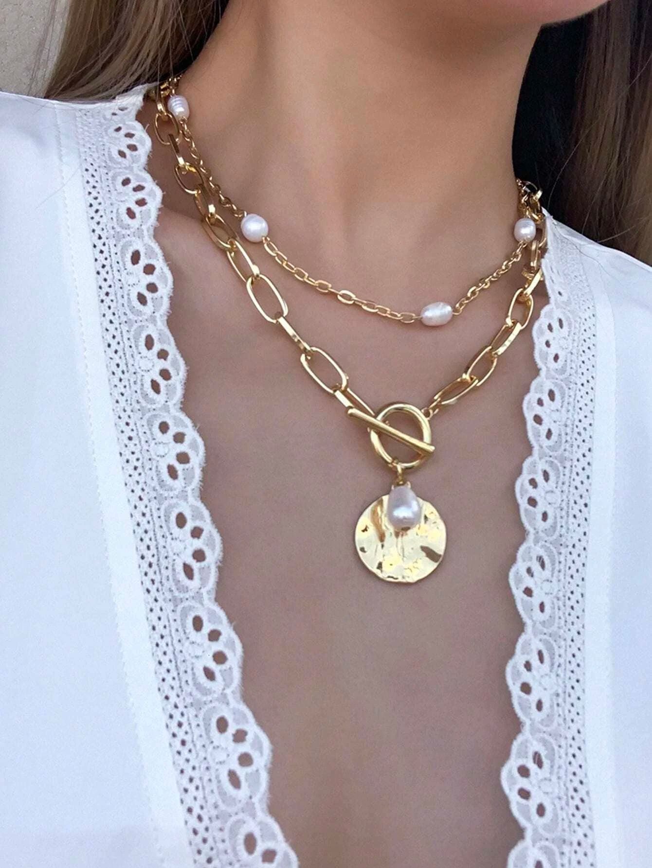 Gold Plated Metal Pearl Layered Necklace For Woman