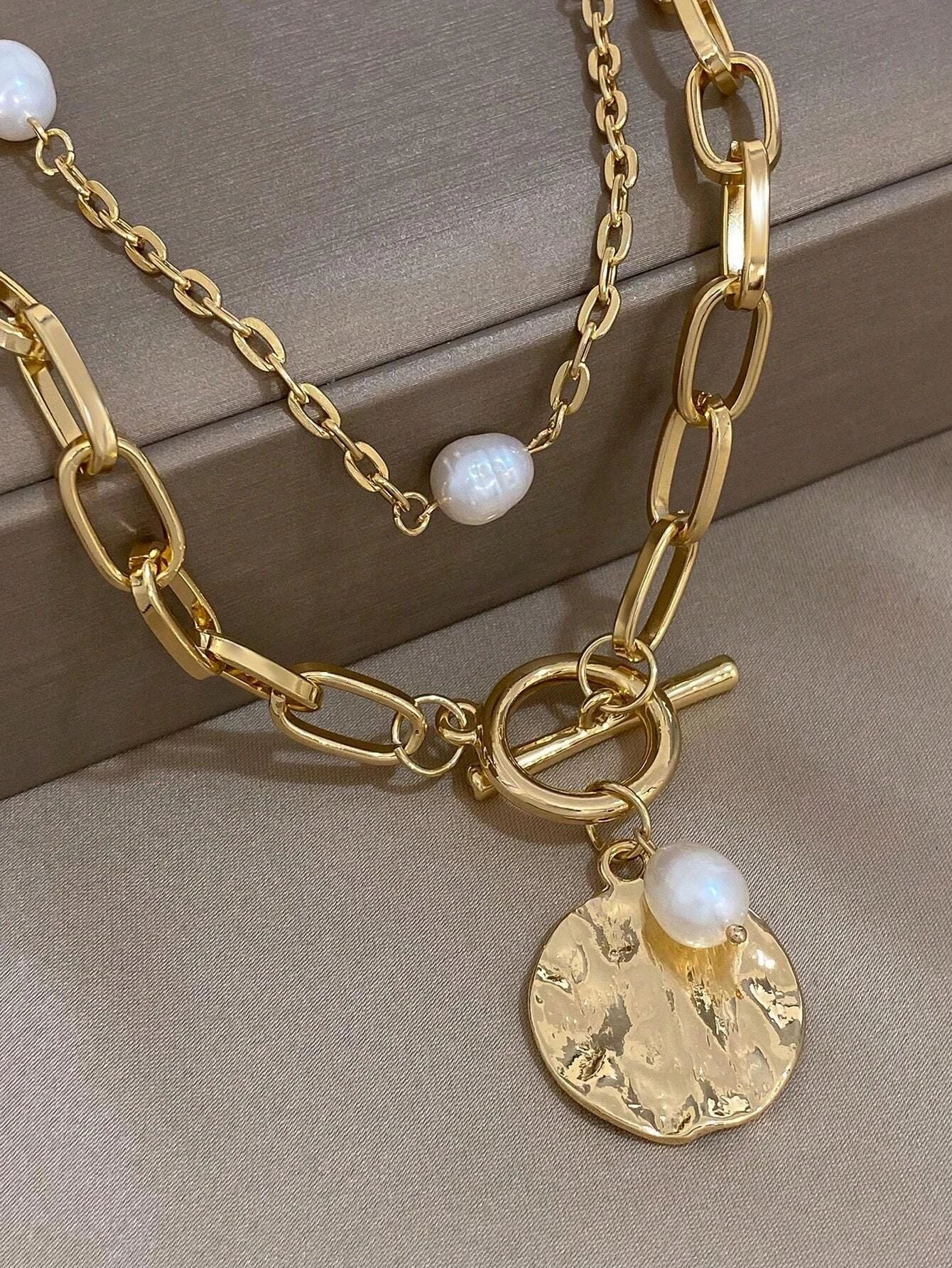Gold Plated Metal Pearl Layered Necklace For Woman
