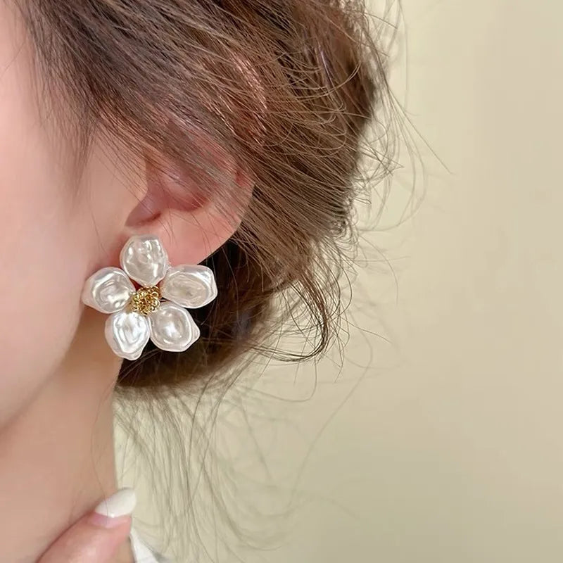 Gold Plated Pearl Petal Flower Stud Earring For Woman