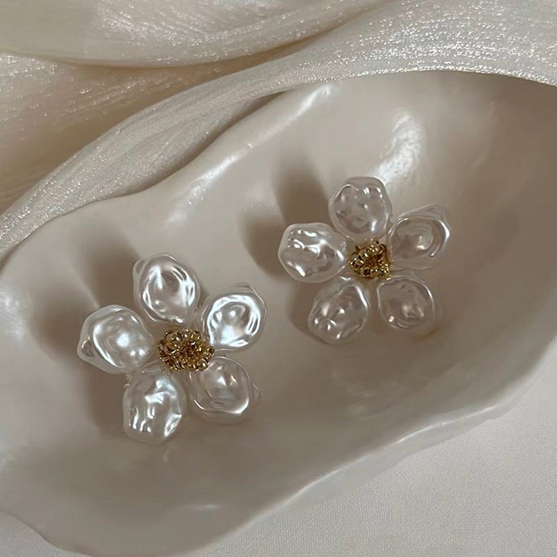Gold Plated Pearl Petal Flower Stud Earring For Woman