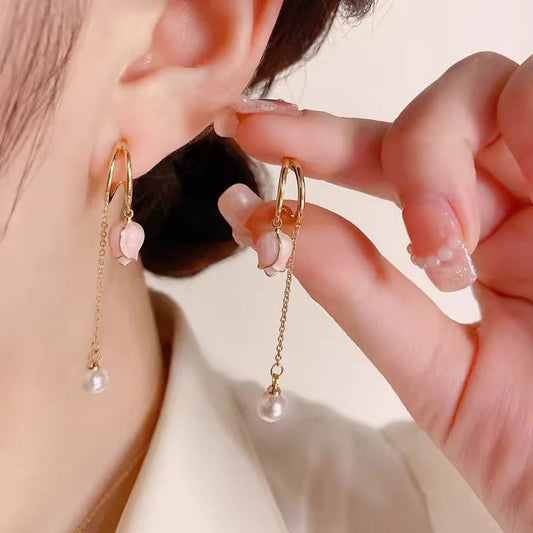 Gold Plated Pink Tulip Flower Long Earrings