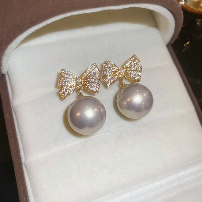 Gold Plated Rhinestones Bow Pearl Drop Earring