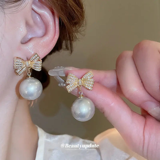 Gold Plated Rhinestones Bow Pearl Drop Earring