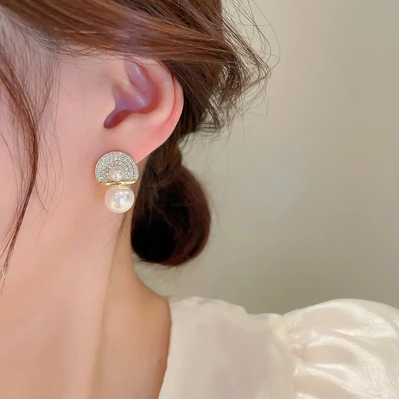 Gold Plated Simple Large Pearl Inlaid Diamond Small Luxury Stud Earrings