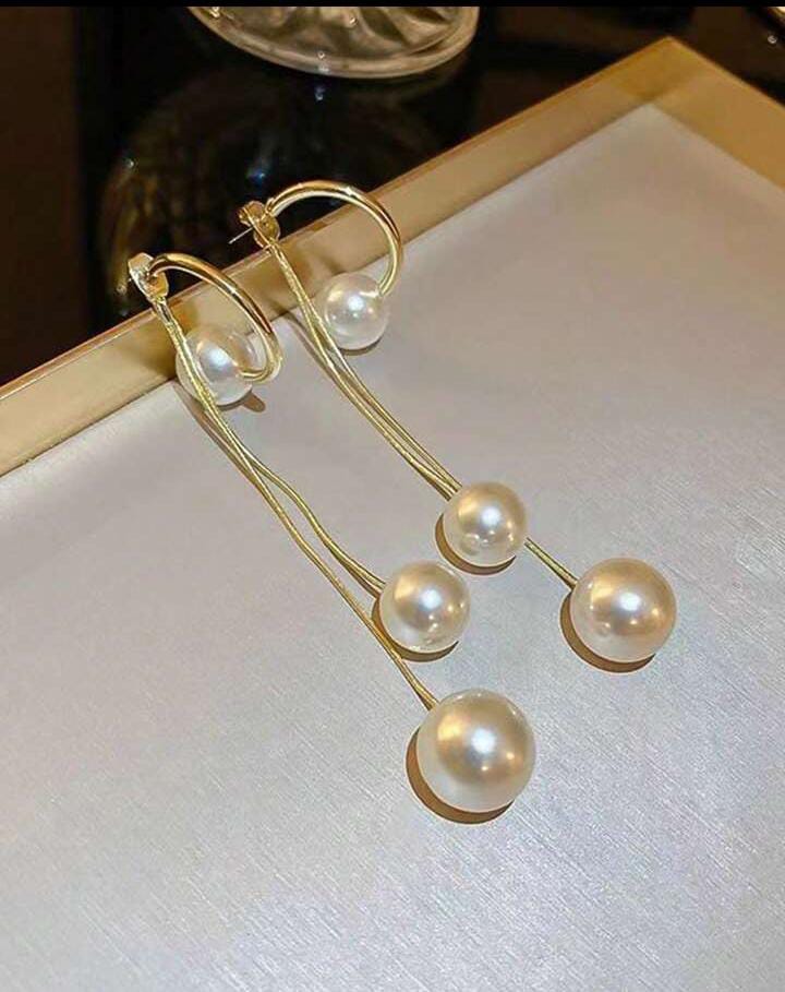 Gold Plated Statement Pearl Drops Long Earrings