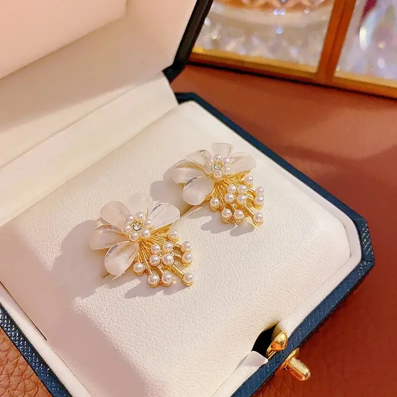 Gold Plated Super Fairy Flower Pistil Pearl Stud Earrings