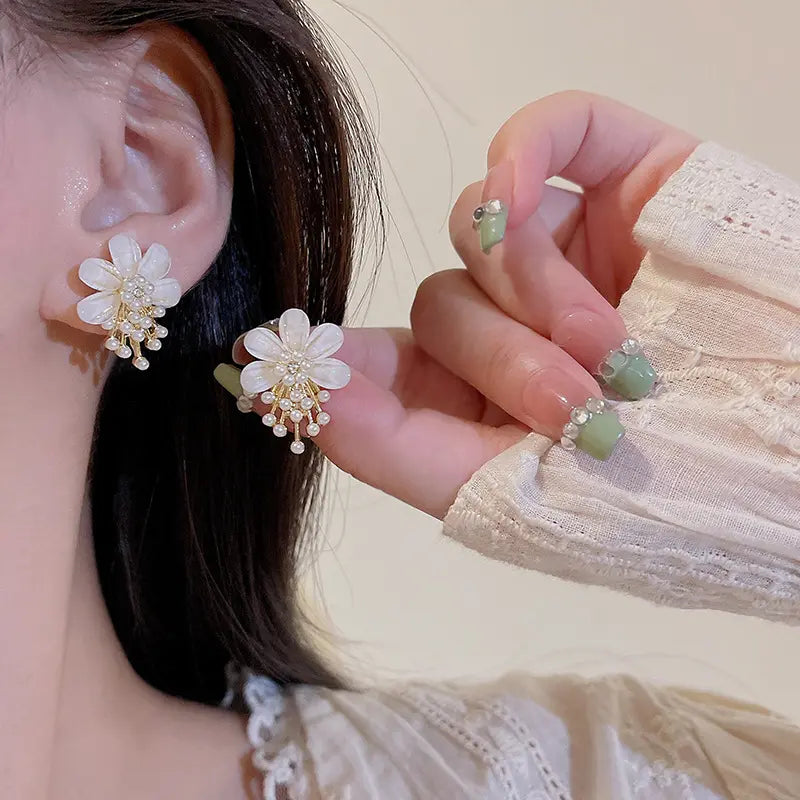 Gold Plated Super Fairy Flower Pistil Pearl Stud Earrings