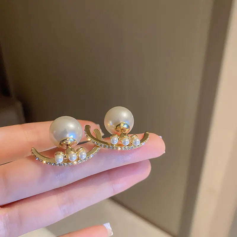 Gold Plated Curved Rhinestone Pearl Stud Earrings for Women
