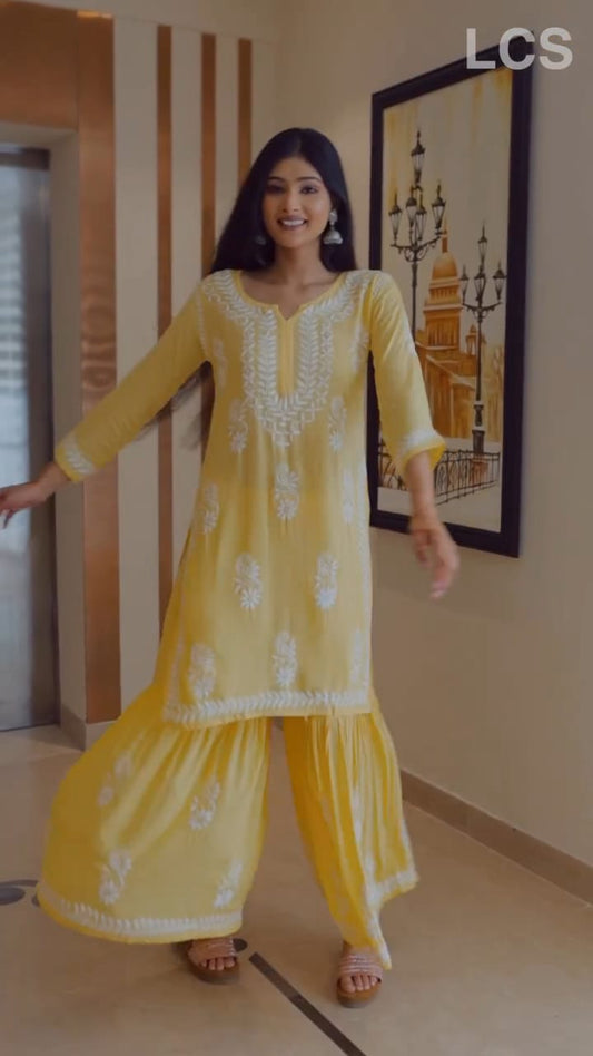 LUCKNOW CHIKANKARI EXCLUSIVE KURTI_PAIR PENT DESIGN (YELLOW)